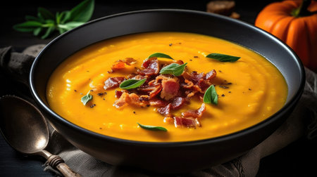 A Bowl Of Roasted Butternut Squash Soup With Sage And Bacon Bitsの素材