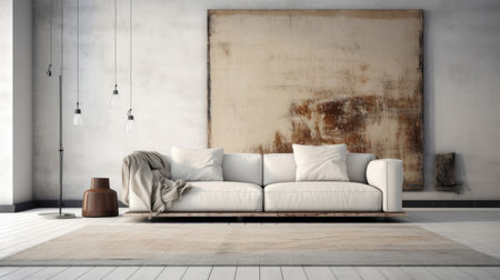 A Minimalist Shot Of A Living Room With A White Sofa And Rug And A Single Piece Of Abstract Artの素材
