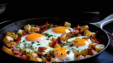 A Frying Pan With Eggs Bacon And Vegetablesの素材