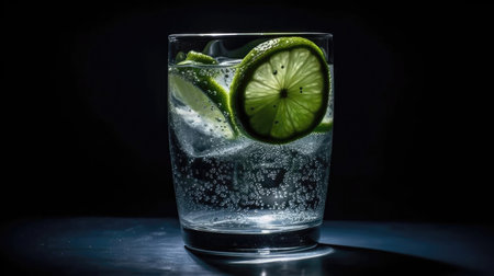 A Glass Of Sparkling Water With Lime Wedgesの素材