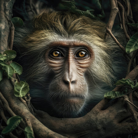 Portrait Of A Monkey Fused With Roots And Green Leavesの素材