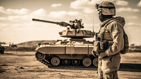 A Soldier Standing In Front Of A Tank Ready To Engage The Enemyの素材