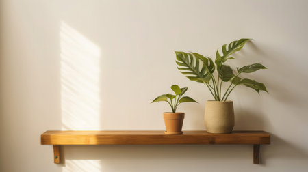 A White Wall With A Simple Wooden Shelf And A Single Potted Plantの素材