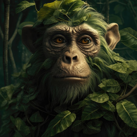 Portrait Of A Monkey With Leaves On His Face Fused With The Green Leaves And Rootsの素材