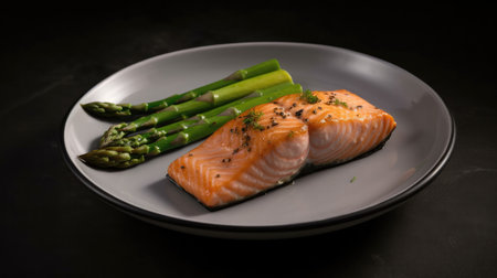 An Image Of A Simple White Plate With A Grilled Salmon Fillet And A Side Of Steamed Asparagusの素材
