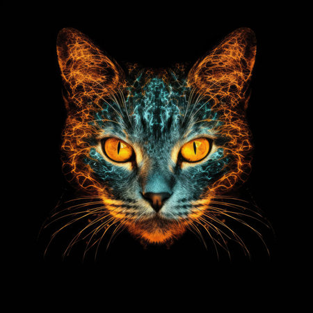 American Wirehair Cat Face Shape In Fire On Black Backgroundの素材