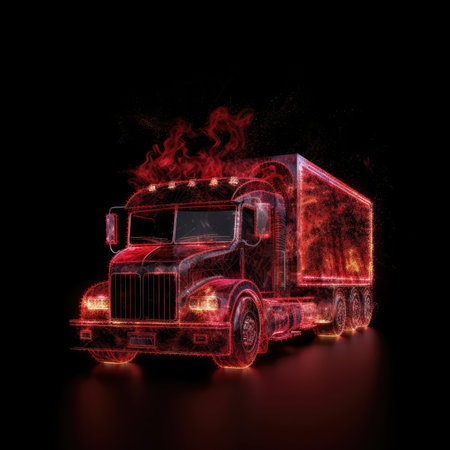 Truck Shape In Red Fire On Black Backgroundの素材