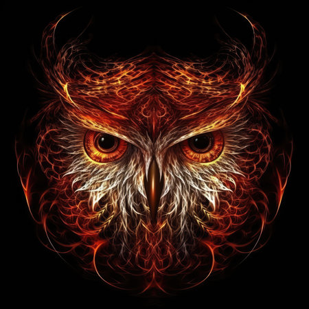 Owl Bird Face Shape In Red Fire On Black Backgroundの素材