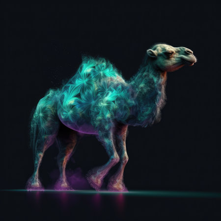 Beautiful Camel In Green Purple Fire On Black Background Dazzling And Radiantの素材