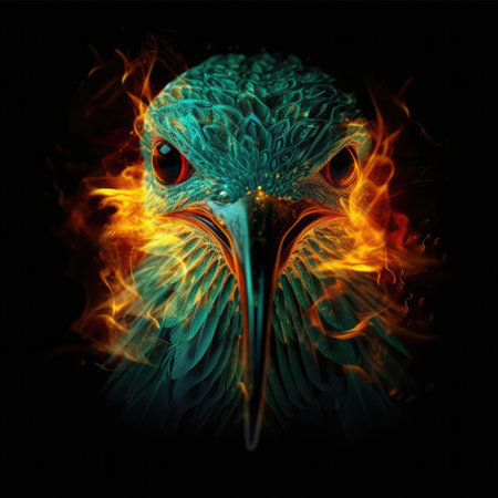 Hummingbird Bird Face Shape In Fire On Black Backgroundの素材