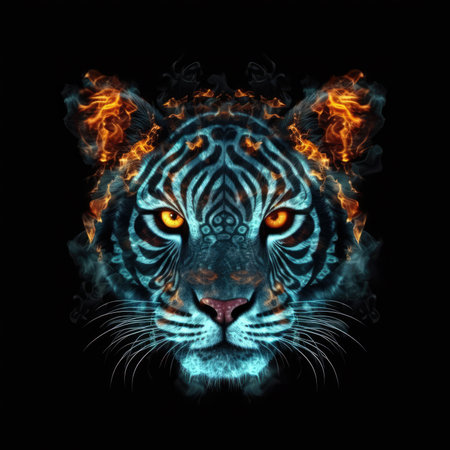 Cute Baby Tiger Face Shape In Fire On Black Backgroundの素材