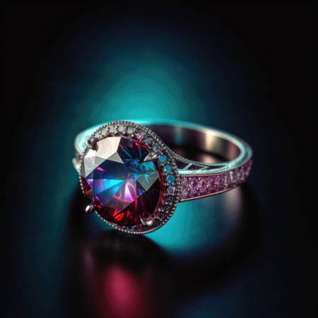 Beautiful Diamond Ring In Red Purple Fire On Black Backgroundの素材