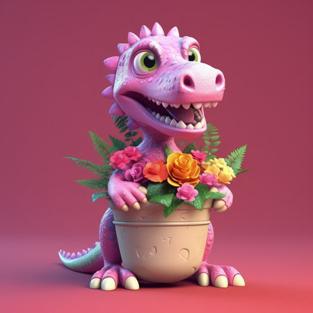 Cute Cartoon Dinosaur With Very Big Eyes Holding A Pot Of Colorful Rose Flowers A Pink Backgroundの素材
