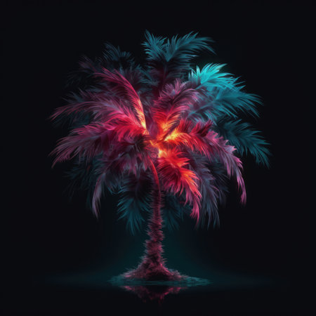Beautiful Palm Tree Shape In Red Purple Fire On Black Backgroundの素材
