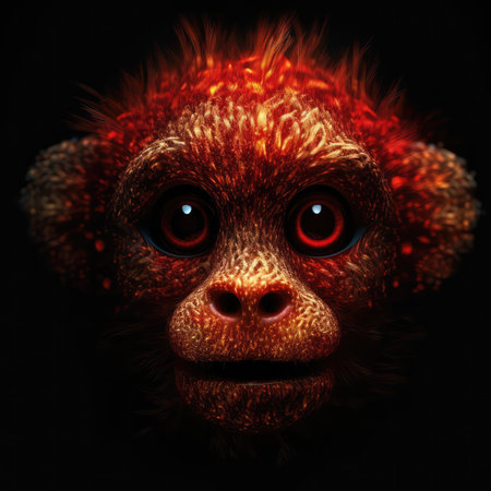 Cute Baby Monkey Face Shape In Red Fire On Black Backgroundの素材