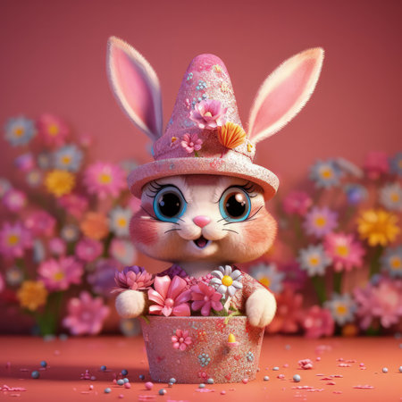 Cute Cartoon Bunny With Very Big Eyes In Holiday Cap Holding A Pot Of Colorful Flowers Pink Glittery Glitter Backgroundの素材