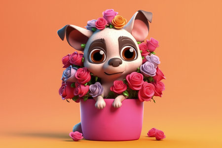 Cartoon Dog With Very Big Eyes Holding A Pot Of Colorful Rose Flowers A Pink Backgroundの素材