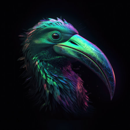 Beautiful Toucan Bird Face Shape In Green Purple Fire On Black Background Dazzling And Radiantの素材