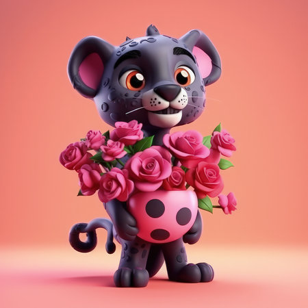 Cute Cartoon Panther With Very Big Eyes Holding A Pot Of Colorful Rose Flowers A Pink Backgroundの素材