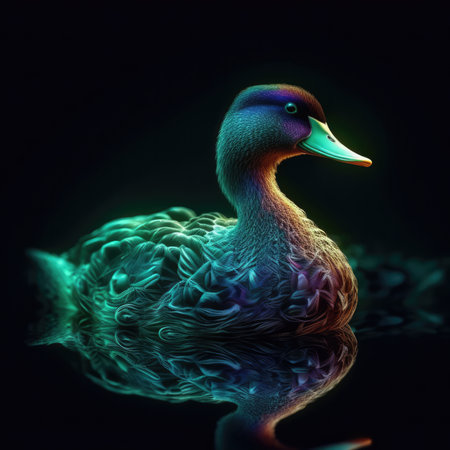 Beautiful Duck In Green Purple Fire On Black Background Dazzling And Radiantの素材