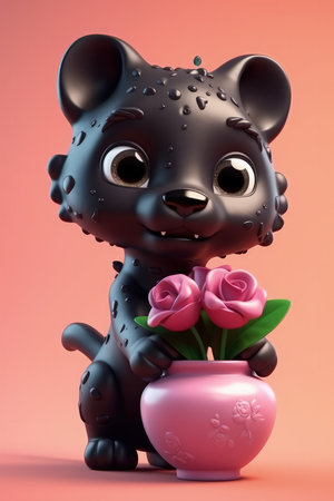 Cute Cartoon Panther With Very Big Eyes Holding A Pot Of Colorful Rose Flowers A Pink Backgroundの素材