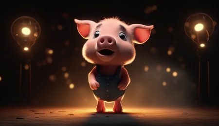 Cute Cartoon Pig With Very Big Eyes Singing Stage A Grand Stage With A Spotlight Shining A Solo Characterの素材