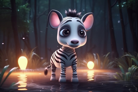 Cute Cartoon Zebra With Very Big Eyes And Pitying Gaze A Forest With A Glowing Lakeの素材