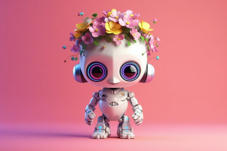 Cute Cartoon Robot With Very Big Eyes Holding A Pot Of Colorful Flowers A Pink Backgroundの素材