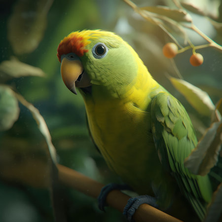 Portrait Of A Yellowcollared Lovebird With Leaves Fused With The Green Leaves And Rootsの素材
