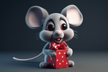 Cute Cartoon Mouse With Very Big Eyes With A Big Gift Boxの素材