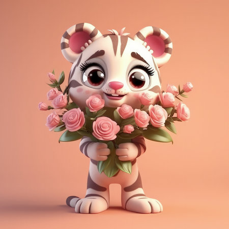 Cute Cartoon Tiger With Very Big Eyes Holding A Bouquet Of Flowers A Pink Backgroundの素材