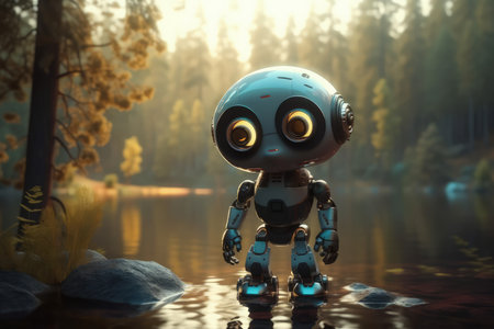 Cute Cartoon Robot With Very Big Eyes And Pitying Gaze A Forest With A Glowing Lakeの素材