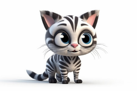 Cute Cartoon Zebra Cat With Very Big Eyes White Backgroundの素材