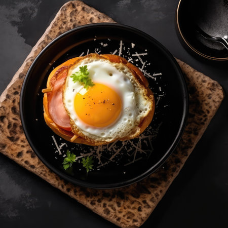 Croquemadame On A Black Ornate Round Smooth Plate, French Dishの素材