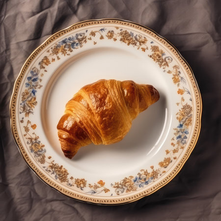 Croissant On A White Indian Style Round Smooth Plate, French Dinnersの素材