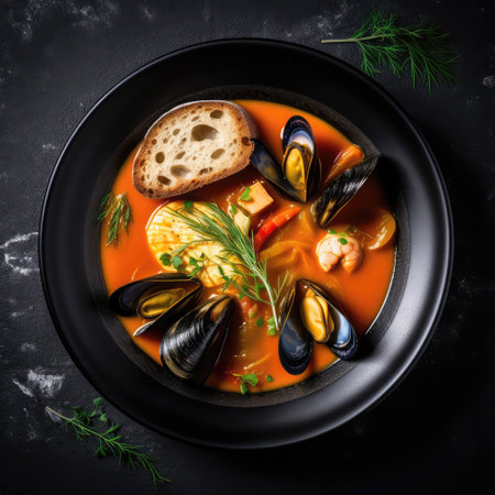 Bouillabaisse On A Black Round Plate, French Dishの素材