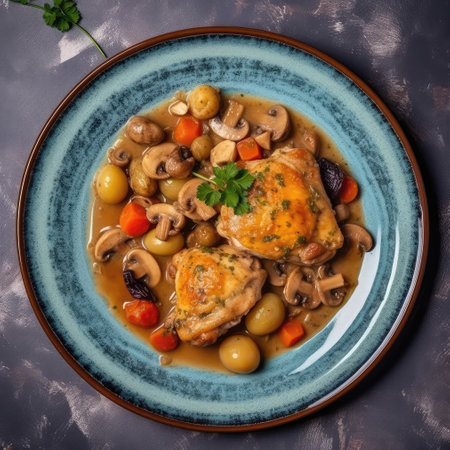 Chicken Fricassee On A Blue Abstraction Round Plate, French Dishの素材