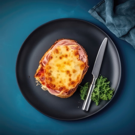 Croquemonsieur On A Black Round Plate, French Dishの素材