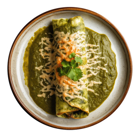 Enchiladas Verdes On A White Ornate Round Smooth Plate On Isolated Transparent Background Mexican Foodの素材