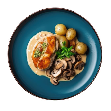 Chicken Fricassee On Blue Smooth Round Plate, French Dishの素材