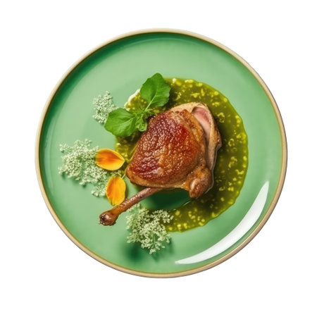 Confit De Canard On A Limegreen Round Plate, French Dishの素材