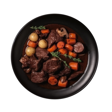 Beef Bourguignon On Black Smooth Round Plate On Isolated Transparent Background French Dishの素材
