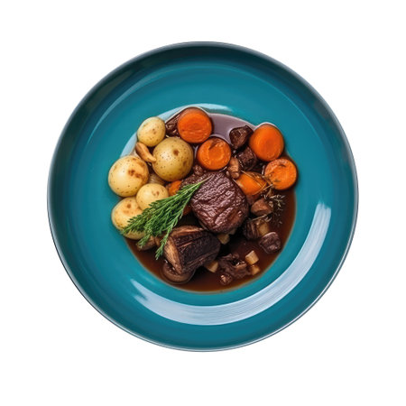 Beef Bourguignon On Blue Smooth Round Plate On Isolated Transparent Background French Dishの素材