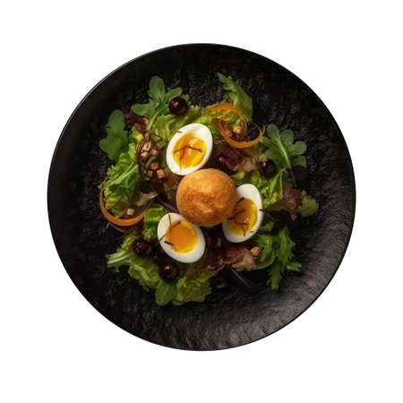 Salade Lyonnaise On Black Smooth Round Plate, French Dishの素材
