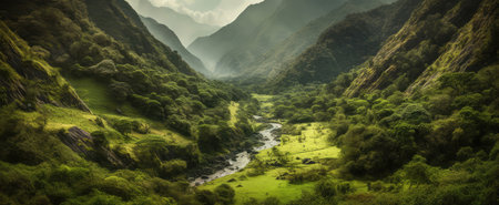 A Green And Lush Valley With Waterfalls Panoramic Backgroundの素材