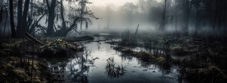 A Dark And Eerie Swamp With Fog Panoramic Backgroundの素材