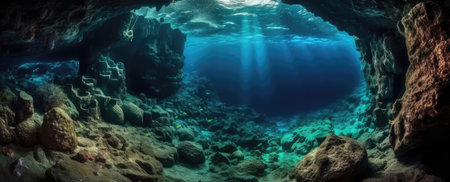 A Deep Underwater Cave With Coral Reefs Panoramic Backgroundの素材