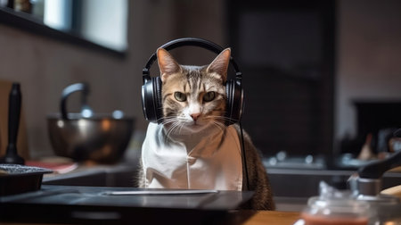 Cat In The Headphones In Cooking Classesの素材