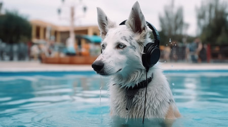 Dog In The Headphones In Water Park Visitsの素材