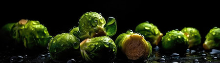 Brussel Sprouts With Droplets On Black Background Wde Panoramicの素材